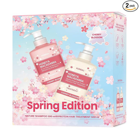 KUNDAL Honey & Macadamia Korean Hair Care Shampoo & Conditioner Limited Edition Gift Set, Cherry Blossom, 16.9 Fl Oz, Pack of 2 - Helps Hair Feel Moisturized with Argan Oil - Natural Protein