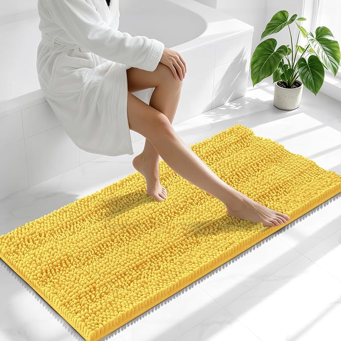 Smiry Thick Chenille Bathroom Runner Rugs 47x20, Extra Absorbent Striped Bath Mat, Machine Washable, Rubber Backing, Long Bath Rugs for Tub & Shower, Modern Home Decor Accessories, Yellow