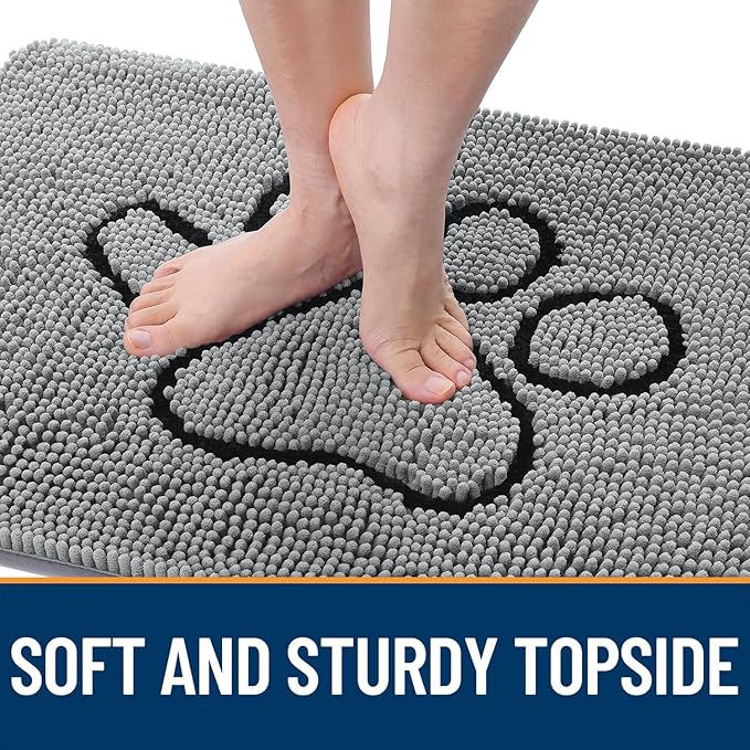 OLANLY Dog Door Mat for Muddy Paws 70x35, Paw Print Design, Absorbs Moisture and Dirt, Absorbent Non-Slip Washable Doormat, Quick Dry Chenille Mud Mat for Dogs, Entry Indoor Entryway Carpet, Grey