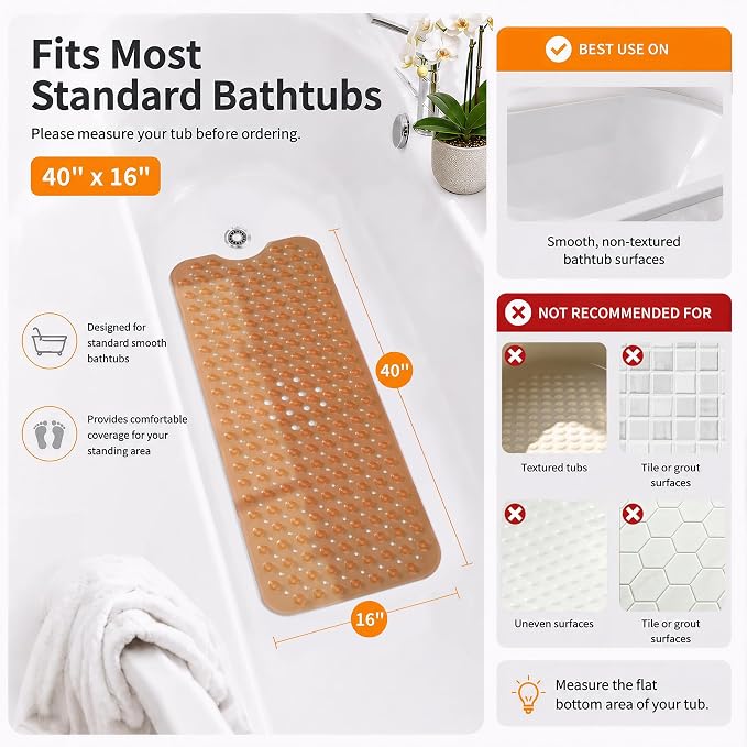 Yimobra Non Slip Bathtub Mat 40 x 16 Inch, Extra Long Shower Mat with Drain Holes, Machine Washable Baby Bath Mats, Strong Suction Cups for Bathroom Floor, Clear Brown