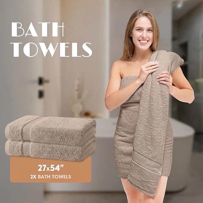 White Classic Taupe Bath Towel Set of 6-100% Cotton Highly Absorbent Towels for Bathroom, 2 Luxury Bath Towels 650GSM, 2 Hand Towels, 2 Washcloths