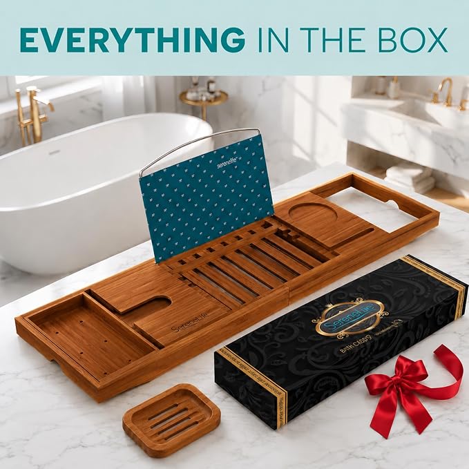 SereneLife Premium Bathtub Tray Caddy with Gift Box and Bow Set, Expandable Bath Tray, Unique House Warming Gifts for Mom, Women, Wedding, Anniversary, Bridal Shower, Fit for All Tub - Brown, Gift Set