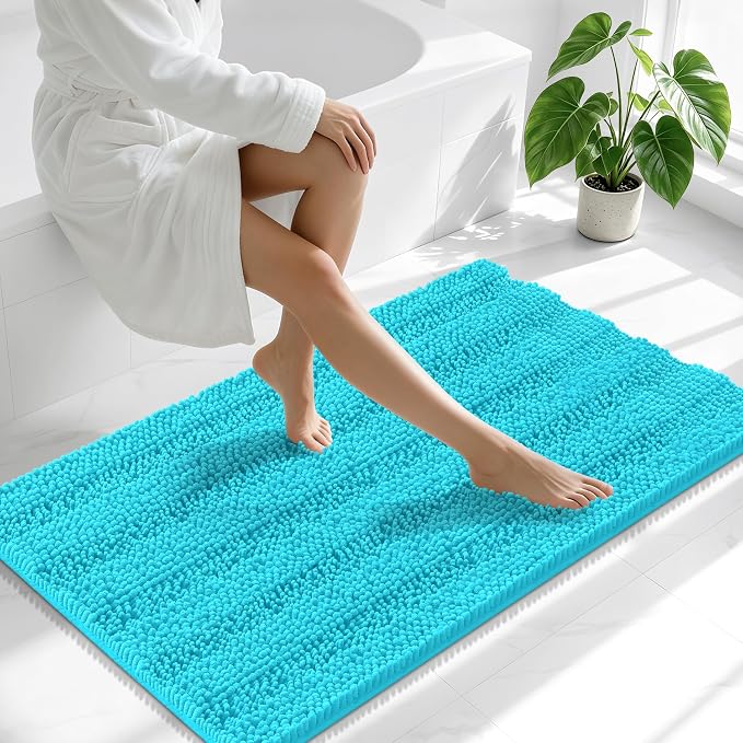 Smiry Thick Chenille Bathroom Runner Rugs 44x24, Extra Absorbent Striped Bath Mat, Machine Washable, Rubber Backing, Long Bath Rugs for Bathroom, Tub & Shower, Home Decor Accessories, Aqua Sky