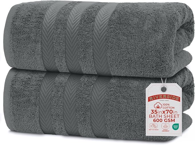 RIVERSIDE Pack of 2 Extra Large Bath Sheets 35 x 70 Inches, 100% Ring Spun Cotton, Hotel Quality, Oversized Bath Towels, Super Soft, Highly Absorbent & Quicker to Dry, Grey
