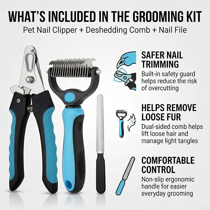 Kuzey Home Pet Nail Clipper & Deshedding Comb Set for Cats and Dogs, Safety Guard to Help Prevent Overcutting, Stainless Steel Blade, Non-Slip Handle, Includes Nail File