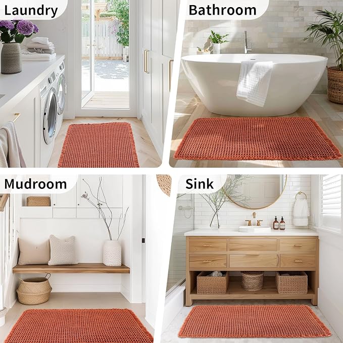 Waffle Runner Bath Mat - Long Boho Bathroom Rugs Non Slip Washable, Super Absorbent & Quick Dry, Soft Bath Mat Farmhouse Bathroom Decor, 24'' x 72'', Dirty Orange