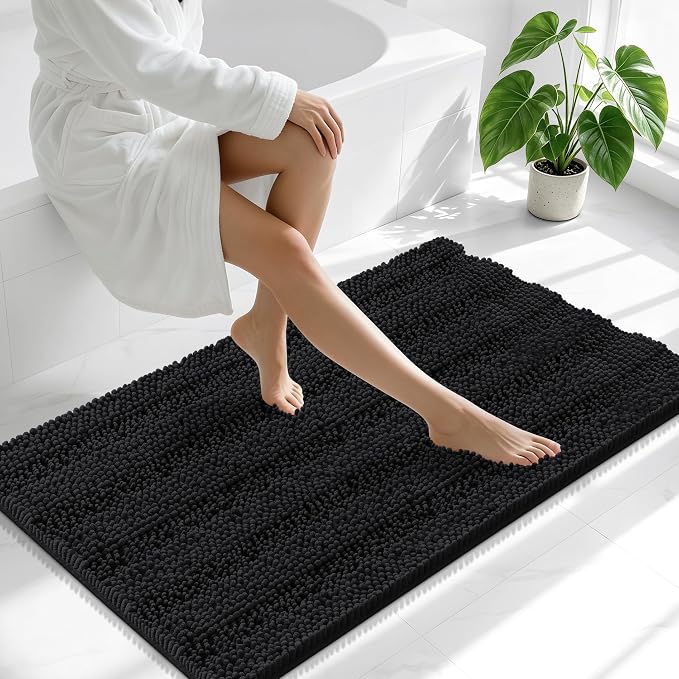 Smiry Thick Chenille Large Bathroom Rugs 45x27, Extra Soft Absorbent Striped Bath Mat, Machine Washable, Rubber Backing, Bath Rugs for Bathroom, Tub & Shower, Home Decor Accessories, Black