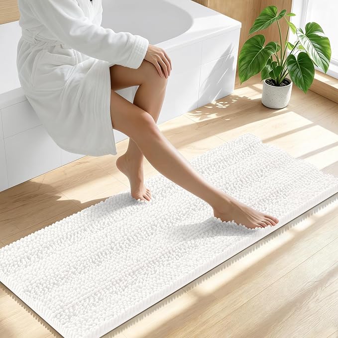 Smiry Thick Chenille Bathroom Runner Rugs 47x17, Extra Absorbent Striped Bath Mat, Machine Washable, Rubber Backing, Long Bath Rugs for Tub & Shower, Modern Home Decor Accessories, Ivory