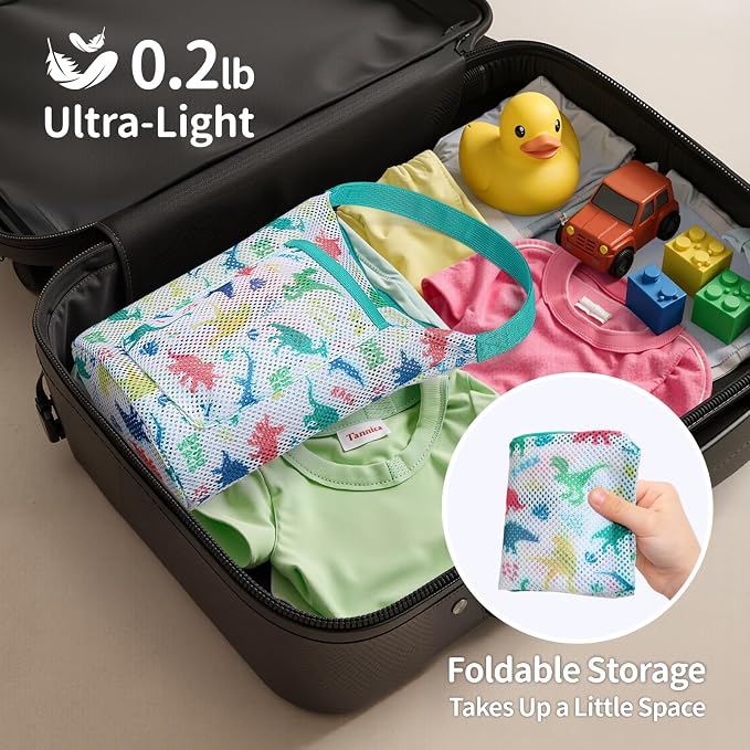 Kids Mesh Shower Caddy -Small Toiletry Bag,Black Dinosaur | Quick-Dry Portable Lightweight Hanging Mesh Tote Bag with S-Hook, Zipper Pocket, for Boys Bathroom, Camp, Dorm, Gym