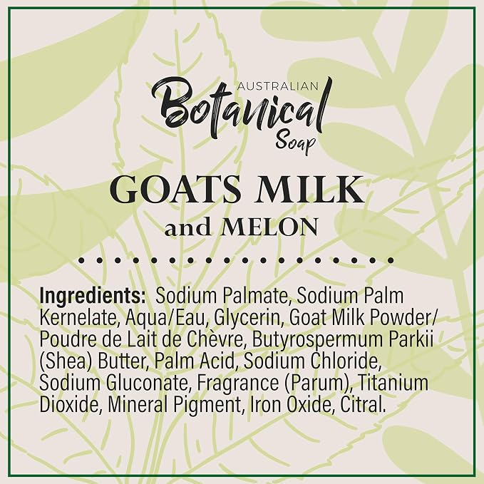 Australian Botanical Soap, Goat Milk Soap and Melon, 6.6 oz. Bars, Triple Milled Body Cleanser, Made in Australia with African Shea Butter and Native Goat Milk, All Skin Types, Pack of 8