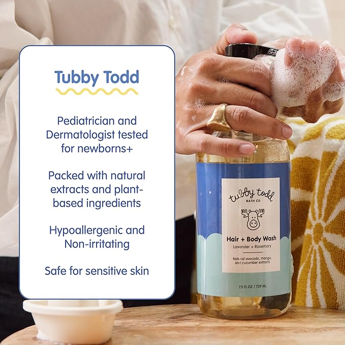 TUBBY TODD Hair + Body Wash - Baby Shampoo and Body Wash - Gentle, Natural Baby Wash for Newborns, Babies, and Toddlers - Non-Toxic and Hypoallergenic - Fragrance-Free, 2 Pack, 8.5oz & 25oz