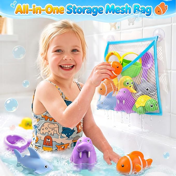 Baby Bath Toys, Toddler Tub Water Toys for Kids Pool Toys Floating Easy Clean Ocean Animal Bathtub Toys with Storage Bag,Watering Can, Bath Cups(10 PCS )