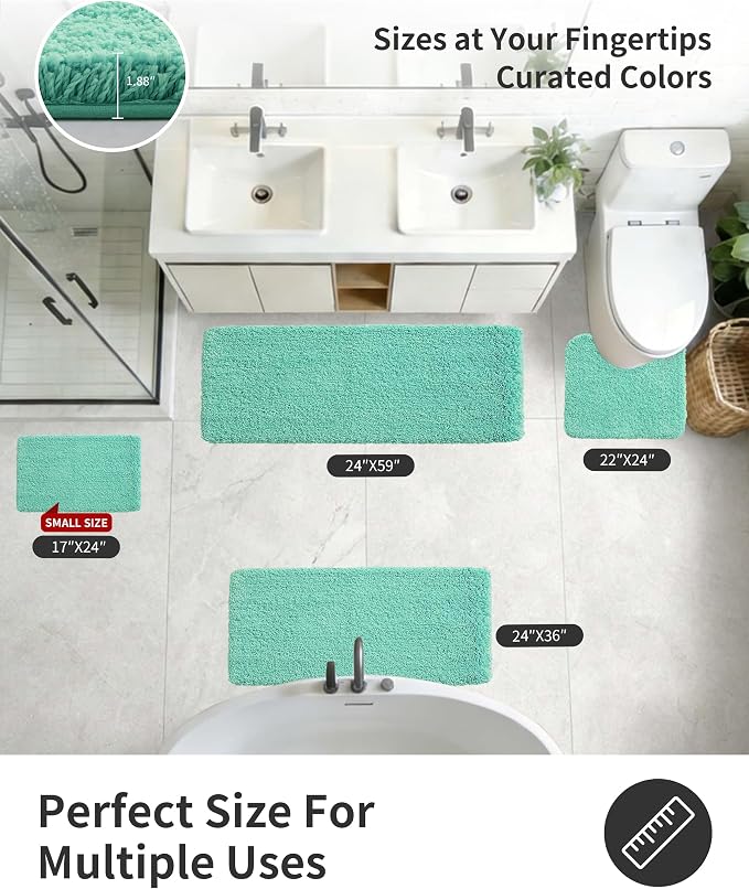 ILANGO Spa Blue Bathroom Rugs 32" × 20" Non Slip & Super Absorbent Extra Thick Soft, Washable Bath Mat for Floor, Microfiber Plush Shaggy Bath Rug with Rubber for Bathtub Shower Room Sink