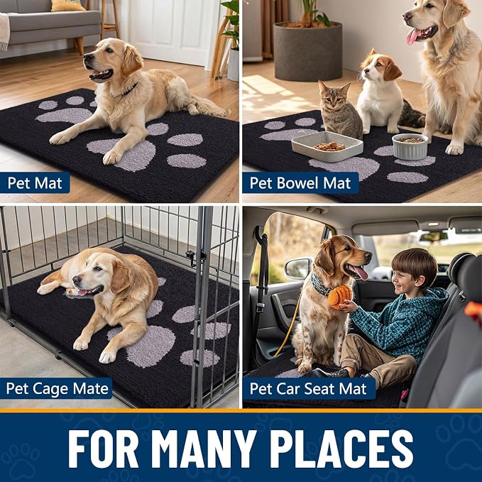 Smiry Dog Door Mat for Muddy Paws, Absorbs Moisture and Dirt, Low-Profile Entryway Mat with Non-Slip Backing, Entry Indoor Outdoor Doormat for Inside Floor (48x32 Inches, Black and Grey, Paw)