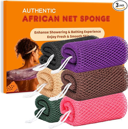 African Net Sponge Authentic, 6 Pieces African Exfoliating Net Sponge Body Back Scrubber Exfoliating Washcloth for Shower Bath for All Types (Black+Olive Green+Pink+Puple+Brown+Champagne Gold, 6 Pcs)