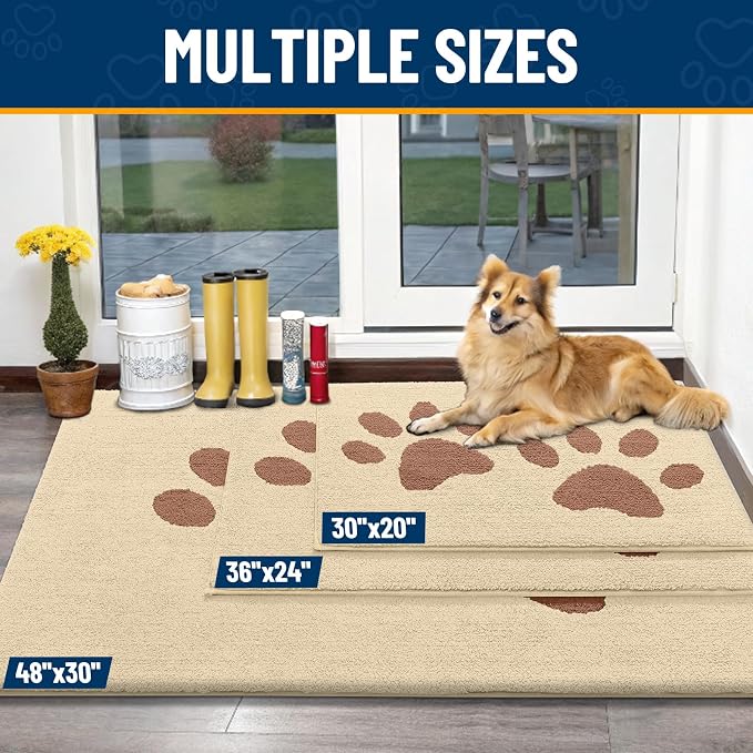 Smiry Dog Door Mat for Muddy Paws, Absorbs Moisture and Dirt, Low-Profile Entryway Mat with Non-Slip Backing, Entry Indoor Outdoor Doormat for Inside Floor (47x24 Inches, Light Beige, Paw)