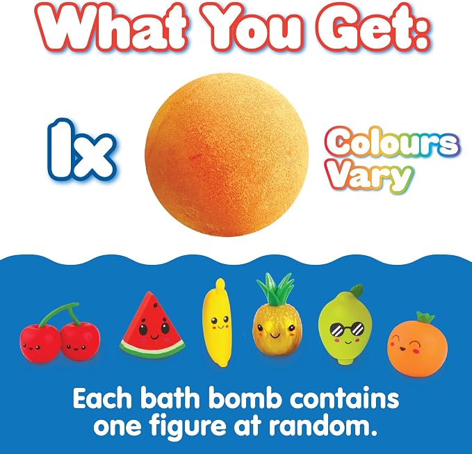 Zimpli Kids Large Fruity Surprise Bath Bomb, 1 of 6 Surprise Fruity Toys to Collect, One per Baff Bomb, Pocket Money, Bath Bomb Gift for Children, Collectable Figures