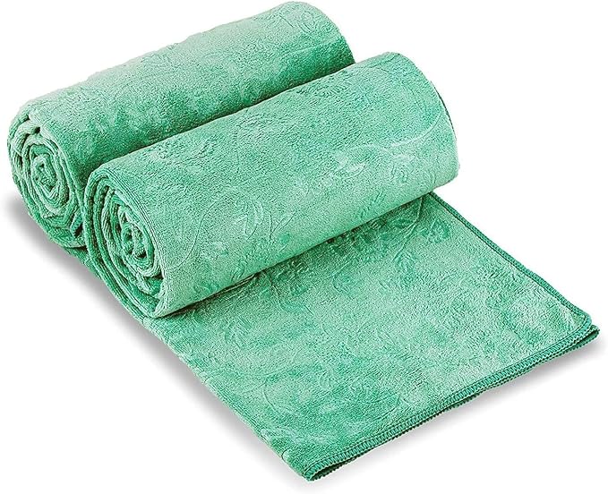 JML Large Bath Towels Set, 2 Pack, 30" x 60", Microfiber Body Towels for Adult, Oversized, Soft, Absorbent, Fast Drying for Shower Sauna Yoga Swimming Sport Fitness Gym Pool (Green-Floral Embossed)