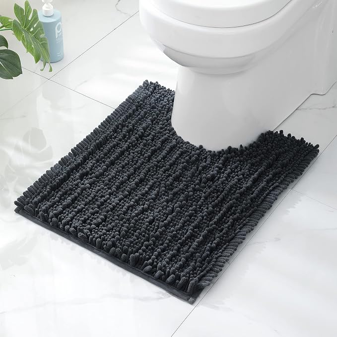 FLOLEOPA Luxury Toilet Rug, U-Shaped Shaggy Contour Mat for Bathroom, Super Absorbent Water, Non-Slip, Machine Washable, 24 X 20 Inches, Charcoal Grey
