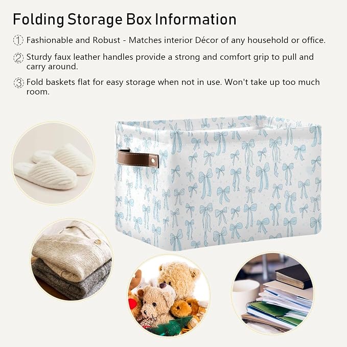 Wamika Bow Blue Storage Basket with Waterproof Liner and PU Handles Bowknot Cute White Storage Bins Boxes 14.2" Collapsible Decorative Organizer Baskets for Bedroom Closet Office 1 Pack