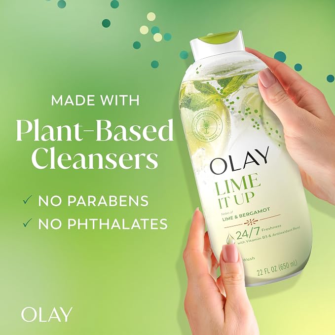 Olay Body Wash for Women, 24/7 Skin-Loving Freshness, Miami Mocktails, Plant Based Cleansers, Vitamin B3 & Antioxidant Blend, For All Skin Types, Lime It Up with Bergamot Scent, 22 fl oz