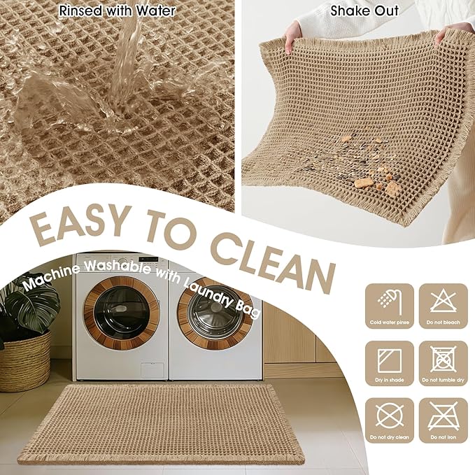 Upgraded Waffle Bath Mat Set 3 Piece Beige, Super Absorbent Non-Slip Quick Dry Bathroom Rugs with Tassels, Machine Washable Ultra Soft Boho Bath Rugs for Floor, Toilet Mats Boho Farmhouse Decor