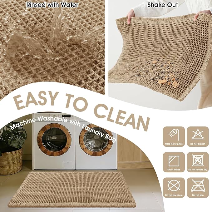 ACCUMTEK Upgraded Waffle Bath Mat, 24"x17" Beige, Super Absorbent Non-Slip Quick Dry Bathroom Rugs with Tassels, Machine Washable Ultra Soft Boho Bath Rugs for Floor, Toilet Mats Boho Farmhouse Decor