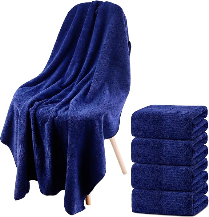 SEISSO 4 Pack Extra Large Bath Towels 63"x35", Bath Sheets for Sensitive Skin 70% Polyester 30% Viscose Fiber from Bamboo, Super Soft, Highly Absorbent & Quick Dry, Oversized (4, Navy Blue)