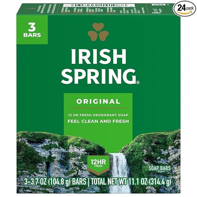 Irish Spring Bar Soap for Men, Original Clean, Smell Fresh and Clean for 12 Hours, Men Soap Bars for Washing Hands and Body, Mild for Skin, Recyclable Carton, 3.7 Ounce - 3 Count (Pack of 8)