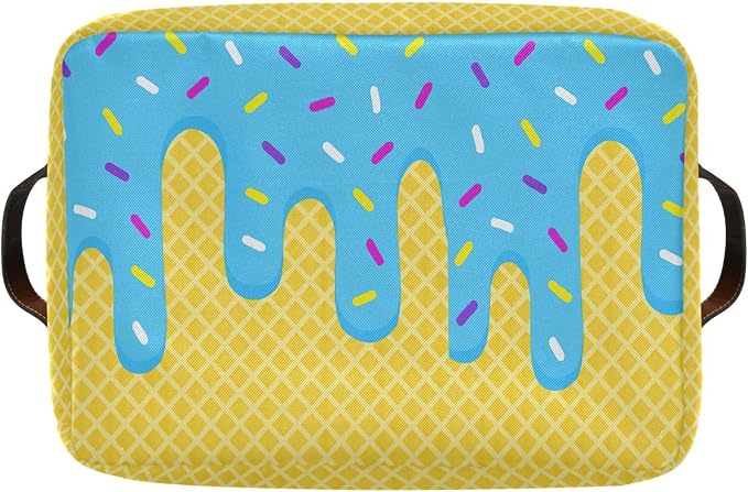 Wamika Ice Cream Drip Baseball Storage Basket with Waterproof Liner and PU Handles Blue Candy Storage Bins Boxes 14.2" Collapsible Decorative Organizer Baskets for Bedroom Closet Office 2 Pack