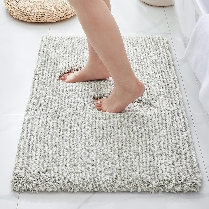 ILANGO Grey and White Bathroom Rugs 36" × 24" Non Slip & Super Absorbent Extra Thick Soft, Washable Bath Mat for Floor, Microfiber Plush Shaggy Bath Rug with Rubber for Bathtub Shower Room Sink