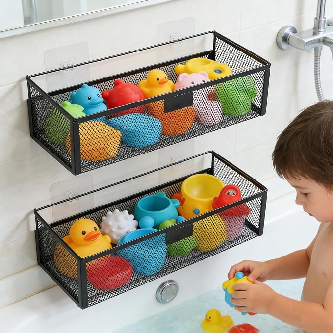 Bath Toy Storage,2 Pack Iron Mesh Bathtub Organizer for Shower Bathroom, Wall Mounted Shower Holder with Drainage, Space Saving Rust Resistant Bathtub Storage Basket for Kids Toddlers Bathroom