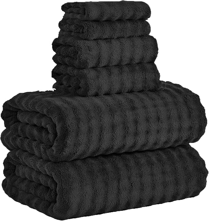 KBY Bath Towels Set 6 Piece 40x80 Inches，2 Extra Large Bath Sheets 2 Hand Towels 2 Washcloths，Highly Absorbent Quick Dry Microfiber,Ultra Soft Towel Set for Bathroom，Spa，Gym， Hotel (Black)