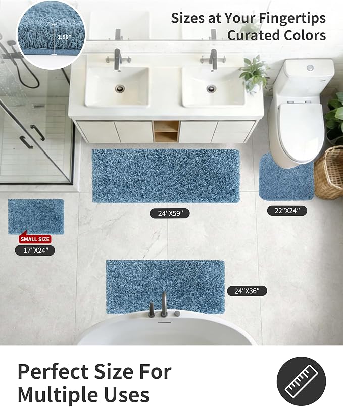 ILANGO Blue Bathroom Rugs 48" × 24" Non Slip & Super Absorbent Extra Thick Soft, Washable Bath Mat for Floor, Microfiber Plush Shaggy Bath Rug with Rubber for Bathtub Shower Room Sink