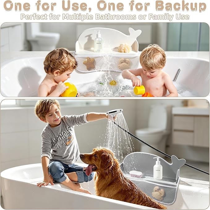 MCGMITT Bathtub Splash Guard, 2PCS Silicone Bath Shelf for Kid, Bath Toys Storage with 130 Suction Cups & Storage Mesh Pockets, Whale Foldable Toddler Bath Tray Tub Water Blocker, Prevent Water Spills