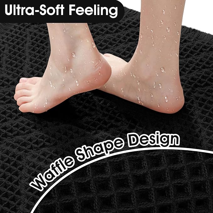 Upgraded Waffle Bath Mat, 32"x20" Black-Herringbone, Super Absorbent Non-Slip Quick Dry Bathroom Rugs with Tassels, Machine Washable Ultra Soft Boho Bath Rugs, Toilet Mats Boho Farmhouse Decor