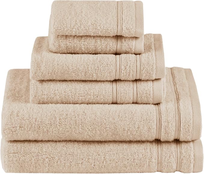 Comfort Spaces 6 Pc Towel Set, 100% Cotton Zero Twist, Beige Tan | Zero Twist Cotton, Quick Dry Ultra Soft, 2 Bath 2 Hand 2 Washcloth, Absorbent Lightweight Towels for Everyday