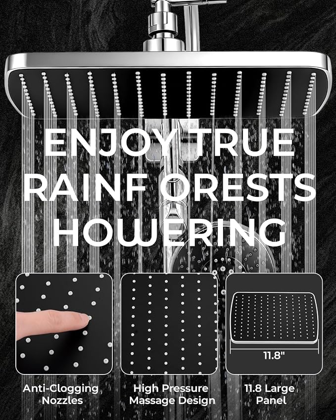 11.8" Rain Shower Head with Handheld, High Pressure Handheld Shower with Multi Spray Modes, Rainfall Combo with Metal Extension Arm, Detachable Dual Showerhead, Bathroom Decor, Chrome Silver
