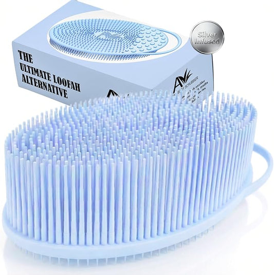 Avilana Silicone Body Scrubber for Shower – SGS Certified Food Grade Dual Sided Bath Brush, Gentle Exfoliating Silicone Loofah Alternative, Sensitive Skin Body Brush (Blue-Silver, Exfoliate)