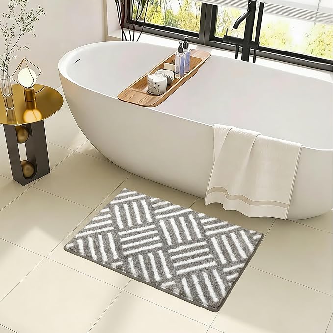 ORTIGIA Striped Gray Bathroom Rugs Non Slip Washable, 20x30 Quick Dry Absorbent Soft Plush Microfiber Bath Mats, Bath Rugs for Bathroom Floor Carpet for Sink Bedroom