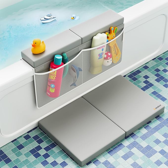 Bath Kneeler and Elbow Rest Pad Set - Baby Bath Kneeler, Bathtub Kneeling Pad, Kneeling Pad for Bathing Baby, Knee & Elbow Saver with 4 Toy Organizer Pockets, Large 22 × 13 in, Gray