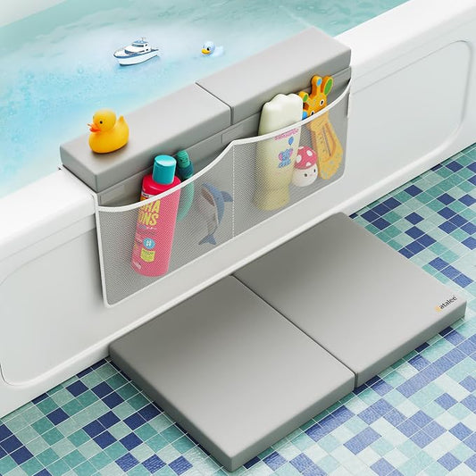 Bath Kneeler and Elbow Rest Pad Set - Baby Bath Kneeler, Bathtub Kneeling Pad, Kneeling Pad for Bathing Baby, Knee & Elbow Saver with 4 Toy Organizer Pockets, Large 22 × 13 in, Gray