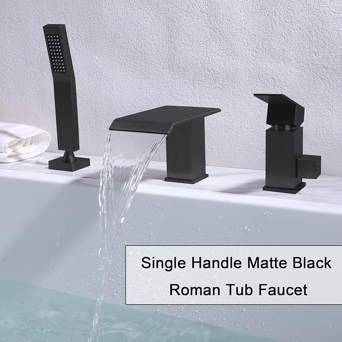 Waterfall Roman Tub Faucet with Hand Shower Matte Black 3 Hole Bathtub Faucet with Sprayer Deck Mount Bath Tub Filler Set