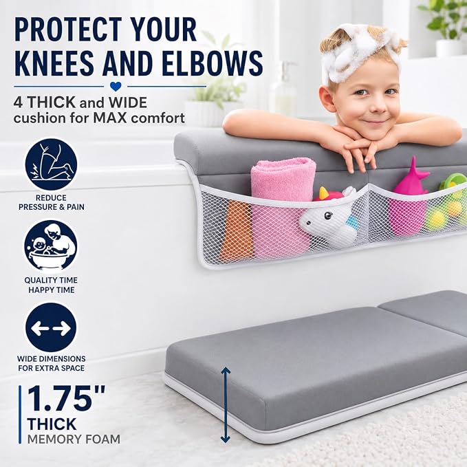 Comfortable Baby Bath Kneeler and Elbow Rest Pad Set, Non-Slip Bathtub Kneeling Pad for Bathing Baby, Bath Tub Cushion Mat, Elbow Pads, Toy Organizer Storage Pockets, Strong Suction Cups