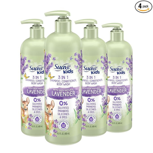 Suave Kids Natural Lavender Oil 3-in-1 Tear Free Body Wash, Shampoo and Conditioner, No Sulfates, Parabens, Silicones or Dyes, Kids Shampoo and Conditioner plus Body Wash, 16.5 oz Pack of 4