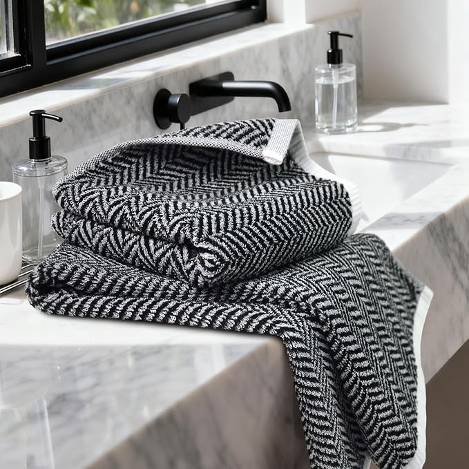 Cleanbear Black Hand Towels for Bathroom, 2 Pack Cotton Hand Towels with Herringbone Stripes, Soft Absorbent Quick-Dry, 14 x 29 Inches, Decorative Vintage for Bathroom & Kitchen