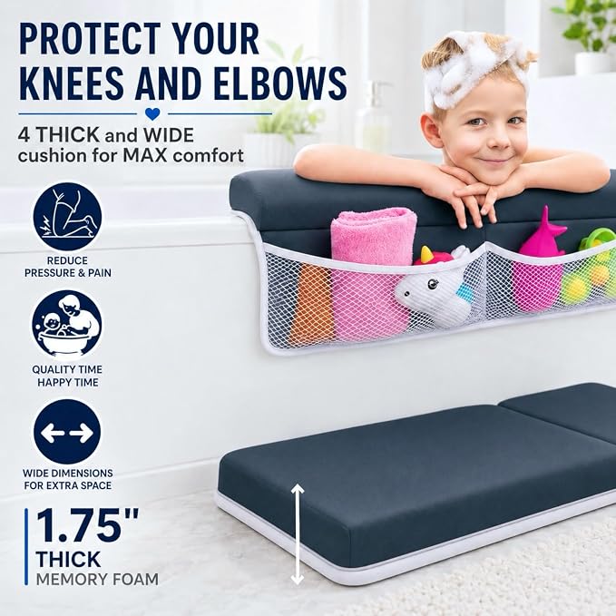 Comfortable Baby Bath Kneeler and Elbow Rest Pad Set, Non-Slip Bathtub Kneeling Pad for Bathing Baby, Bath Tub Cushion Mat, Elbow Pads, Toy Organizer Storage Pockets, Strong Suction Cups (Dark Gray)