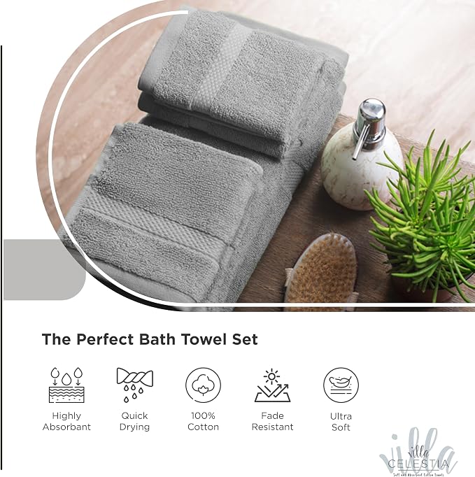 12-Piece 100% Cotton Towel Set, 4 Bath Towels, 4 Hand Towels, 4 Wash Cloth, Quick-Dry, Grey