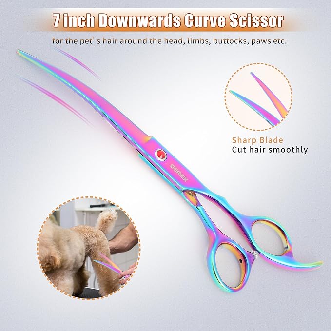 7.0in Titanium Professional Pet Grooming Scissors Set, GEMEK 6 in 1 Straight & Thinning & Upwards Curved & Downwards Curved Scissors & Comb for Dogs, Cats (Rainbow)