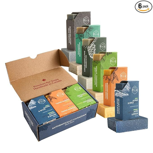 Crate 61 Organics, Handmade in Canada, Plant Based Cold Process Natural Bar Soap, With Premium Essential Oils, Dry Skin, Pack of 6 (For Him)
